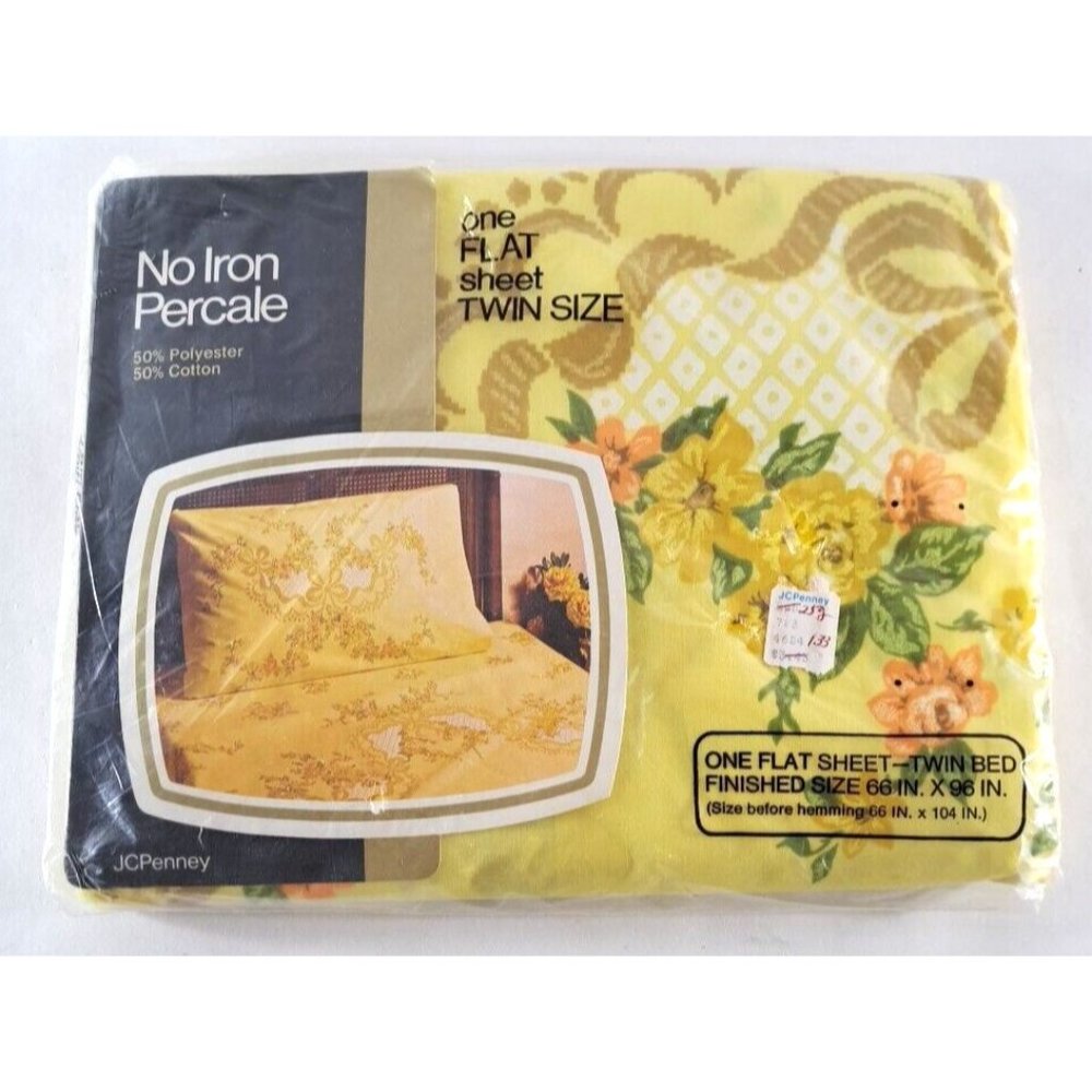 VTG NEW Twin Flat Sheet JC Penney Fashion Manor Yellow Orange Floral Percale